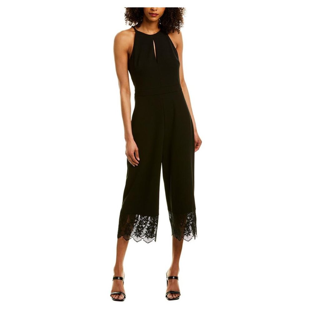 NWT Badgley Mischka Black Crop Lace Trim Cut-Out Front Playsuit Jumpsuit 0